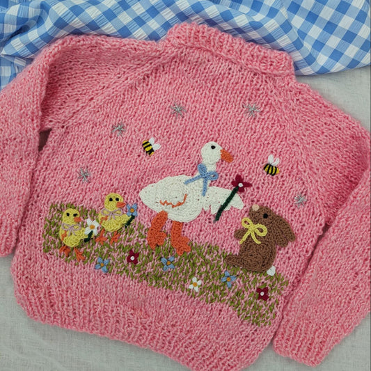 Springtime Friends 🐤🐇🪿Handknitted Cardigan 2-3 years